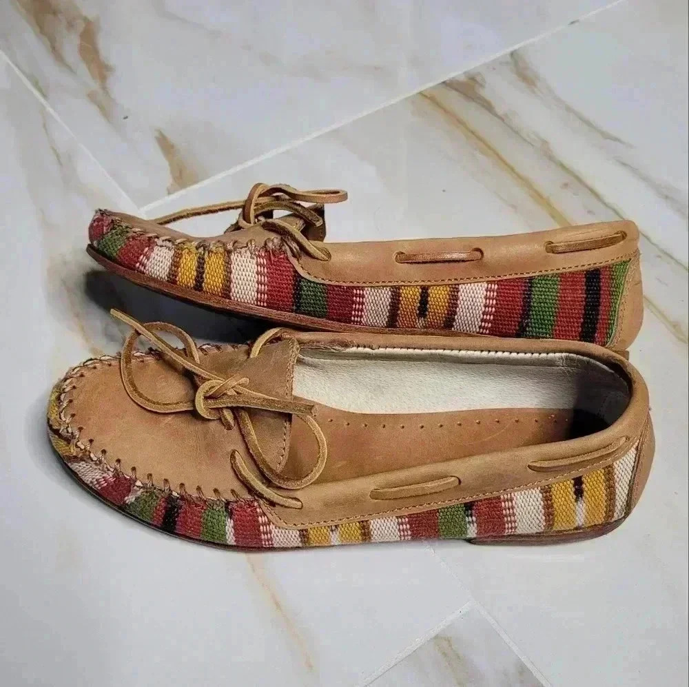Tan Leather Loafers with Colorful Material